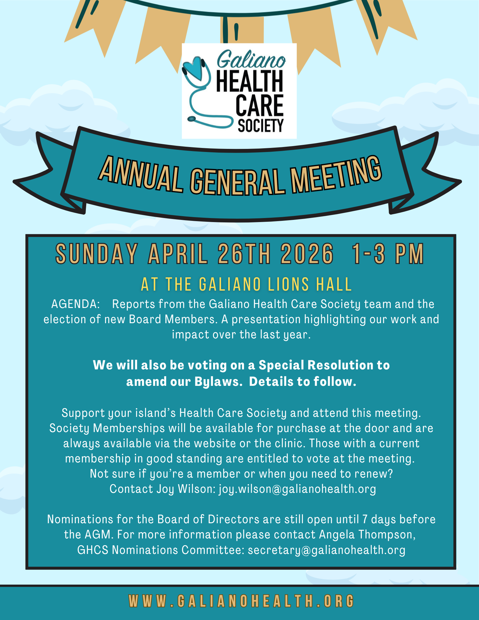 Poster for the Galiano Health Care Society Annual General Meeting on Sunday, April 26, 2026, from 1 to 3 p.m. at the Galiano Lions Hall, with meeting agenda and voting information.