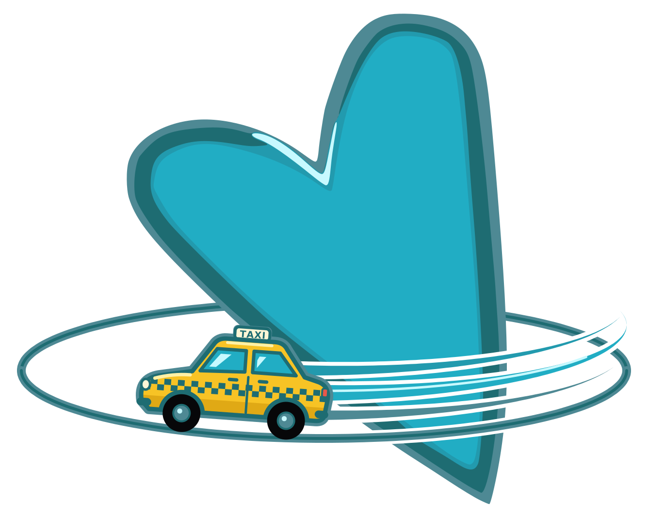 Illustration of a heart with a dotted route and a taxi travelling to a health care cross.
